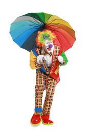 Happy clown with colorful umbrella on white background