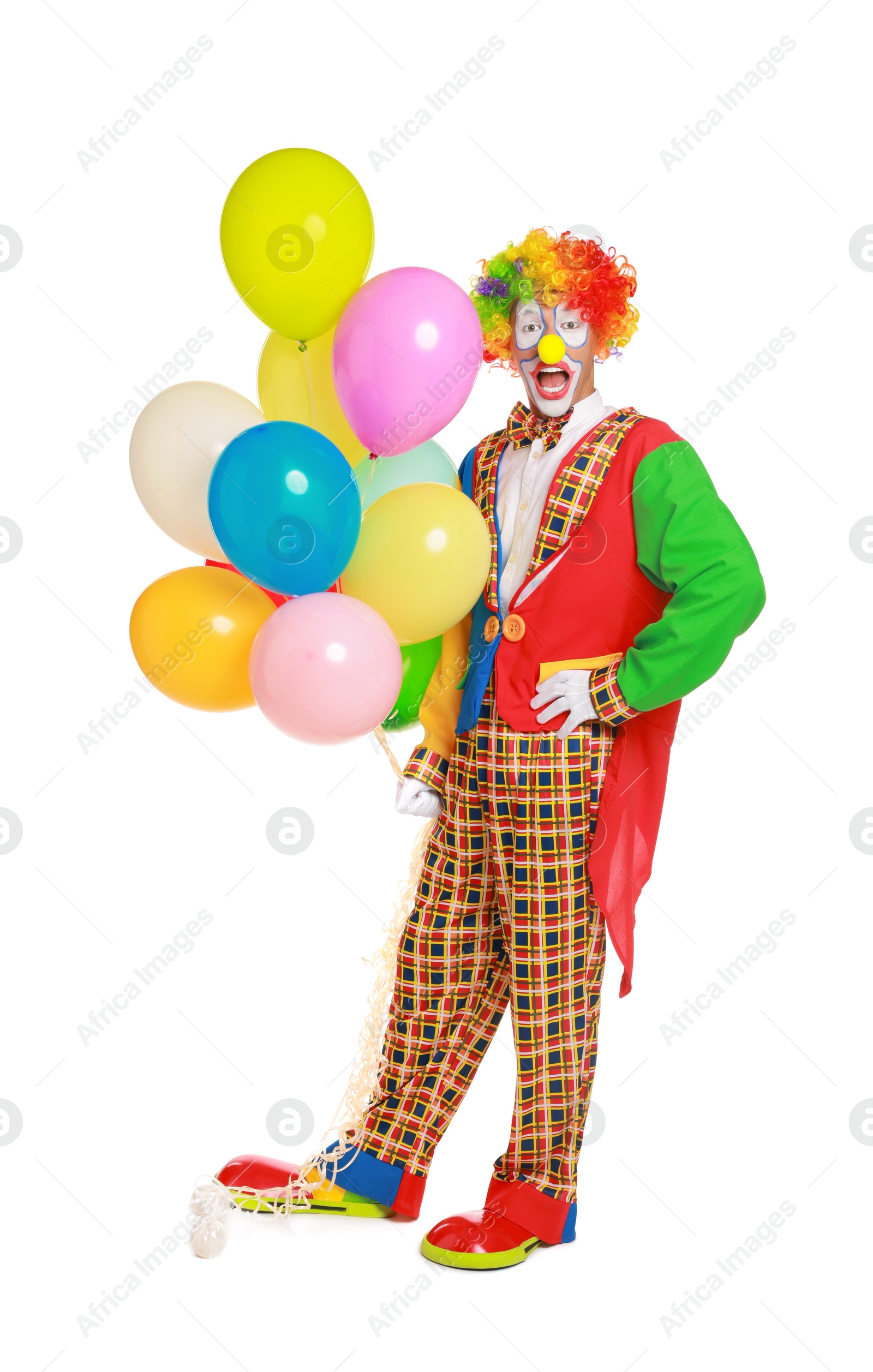 Photo of Emotional clown with colorful balloons on white background