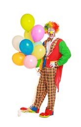 Emotional clown with colorful balloons on white background