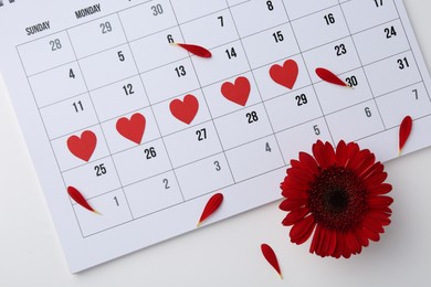 Photo of Menstruation. Calendar with marked dates and red flower white background, flat lay