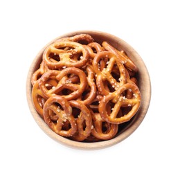 Photo of Delicious pretzel crackers in bowl isolated on white, top view