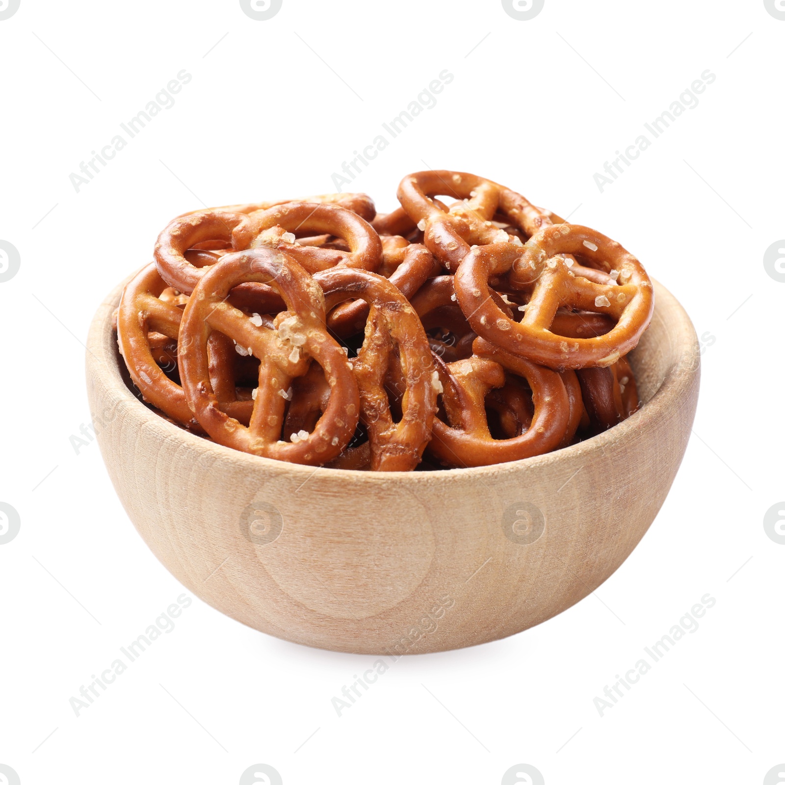 Photo of Delicious pretzel crackers in bowl isolated on white