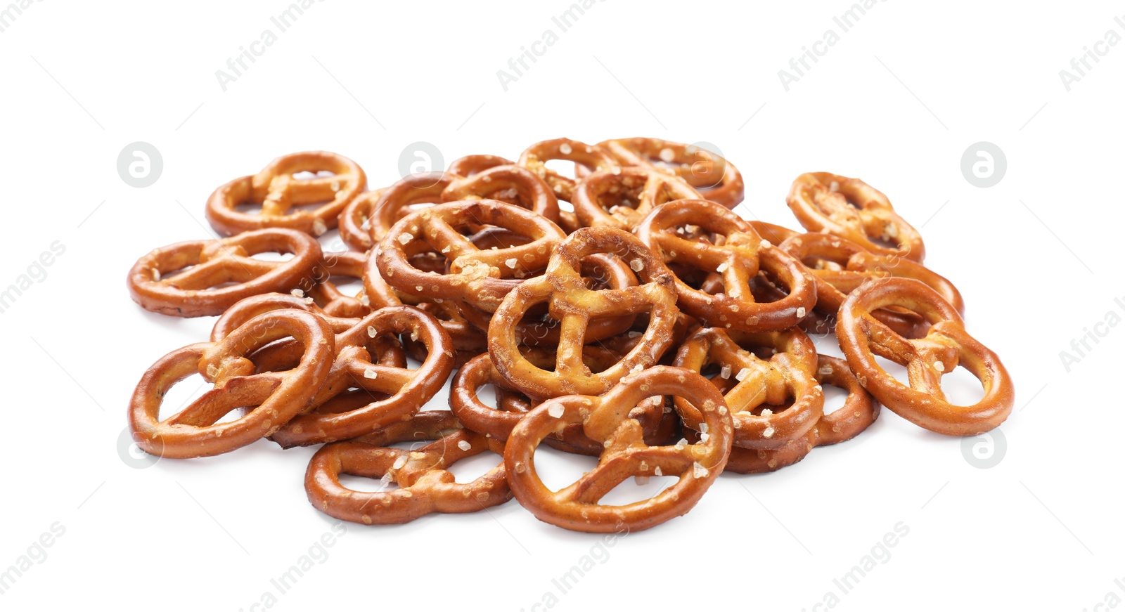 Photo of Many delicious pretzel crackers isolated on white