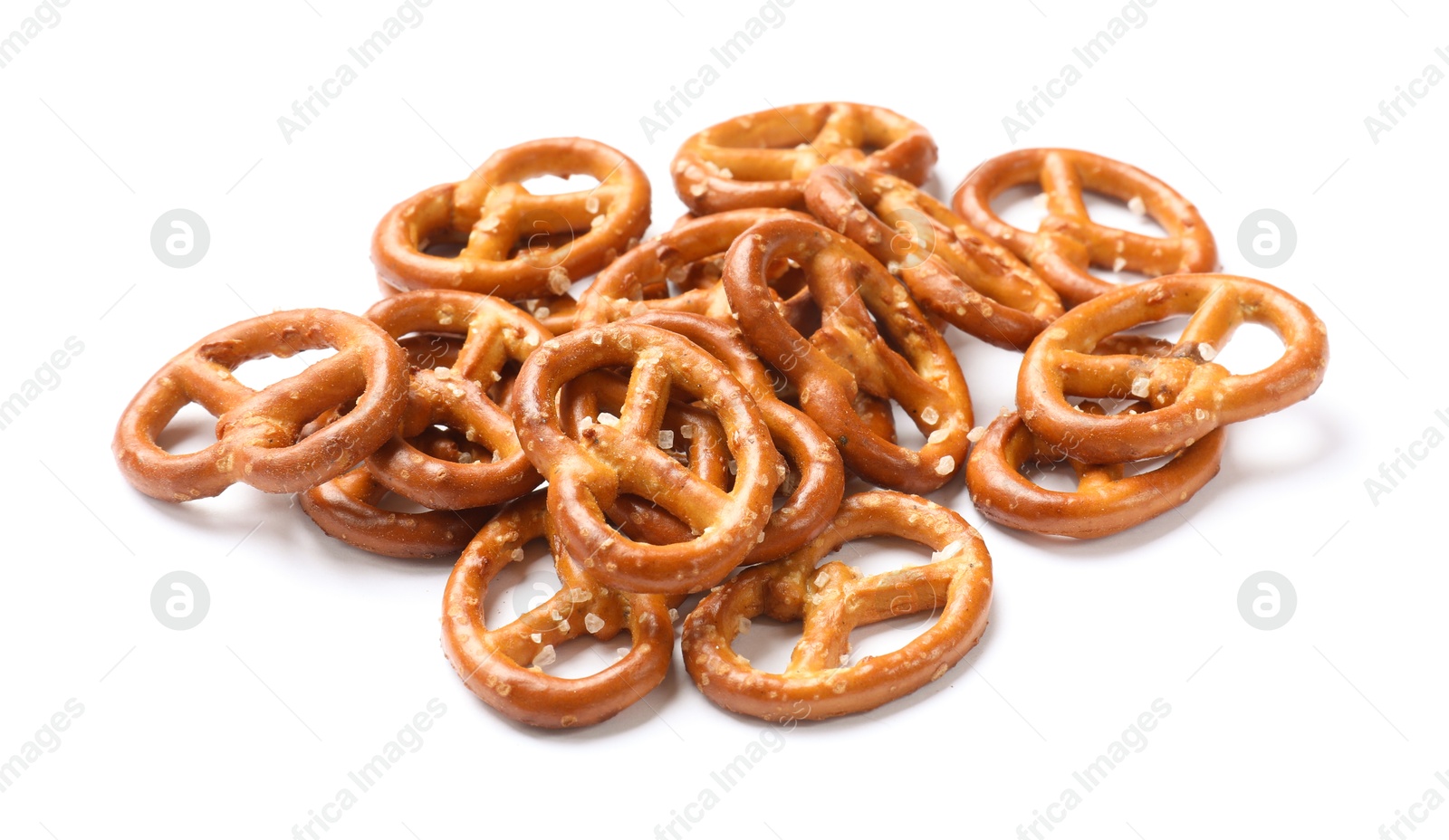 Photo of Many delicious pretzel crackers isolated on white