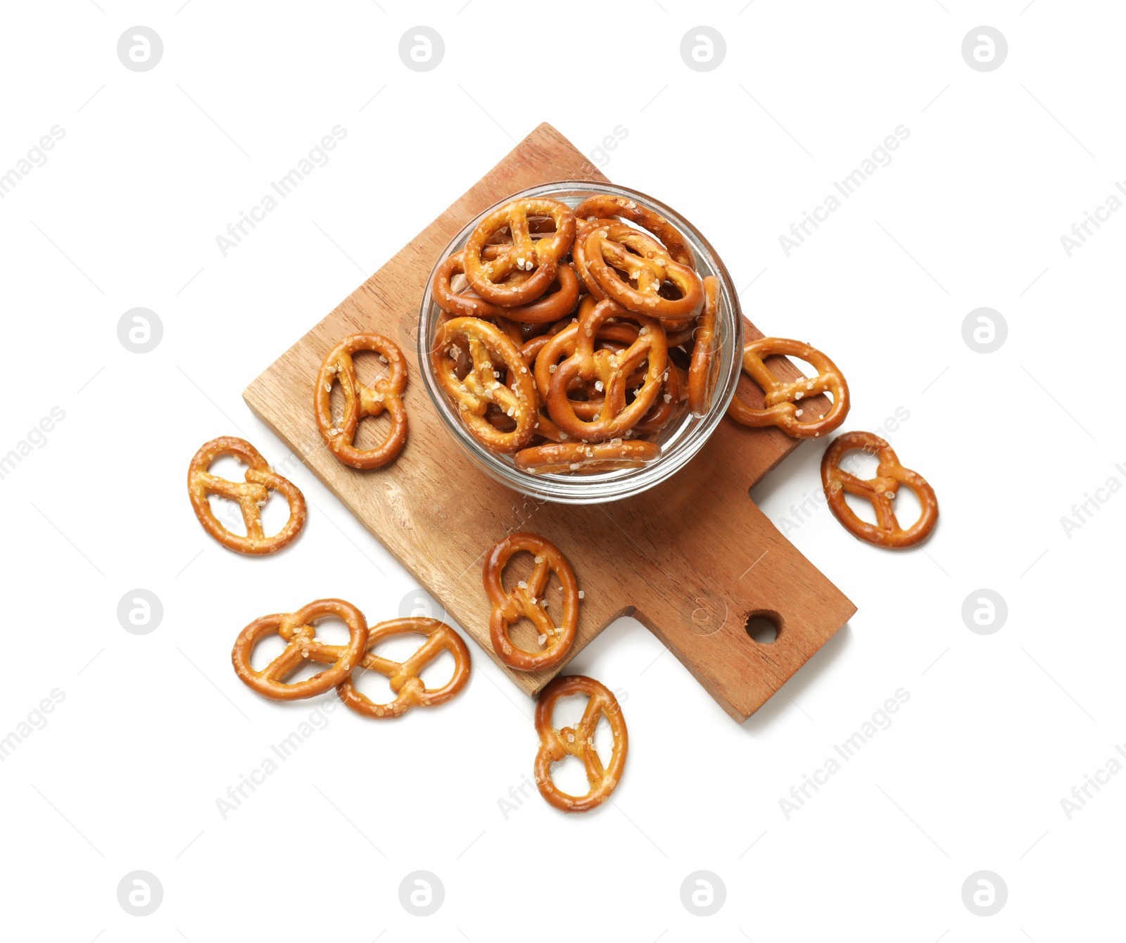 Photo of Delicious salty pretzel crackers on white table, top view