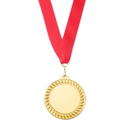 Photo of One golden medal isolated on white, top view