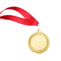 Photo of One golden medal isolated on white, top view