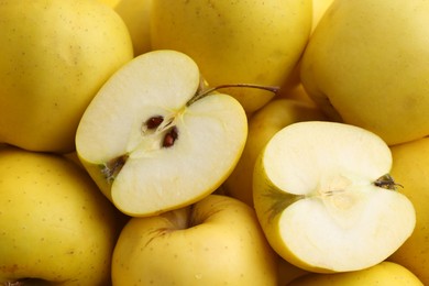 Photo of Fresh ripe yellow apples as background, closeup