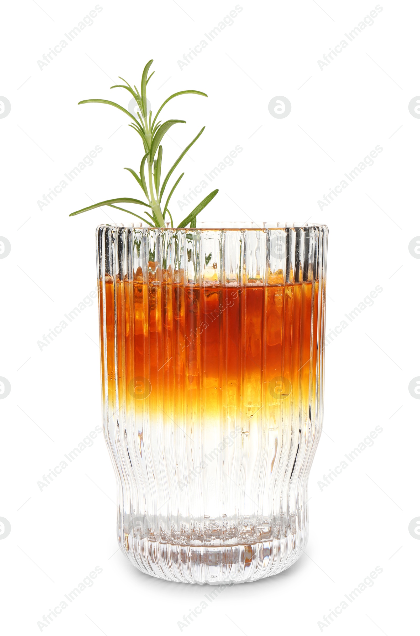 Photo of Refreshing espresso tonic drink with rosemary isolated on white