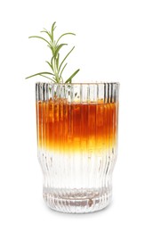 Photo of Refreshing espresso tonic drink with rosemary isolated on white