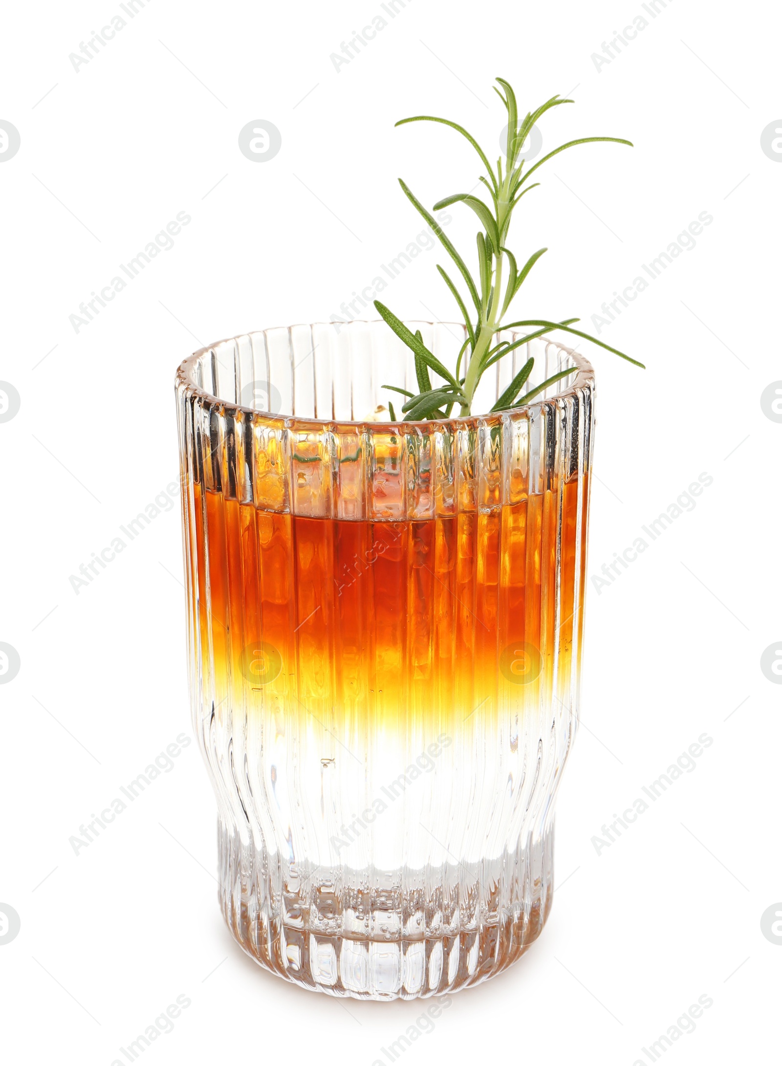 Photo of Refreshing espresso tonic drink with rosemary isolated on white