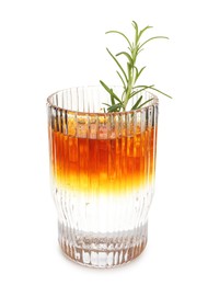 Photo of Refreshing espresso tonic drink with rosemary isolated on white