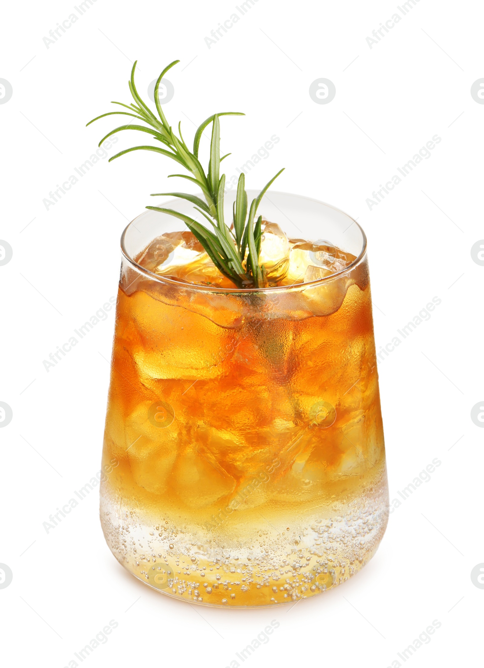 Photo of Refreshing espresso tonic drink with rosemary isolated on white