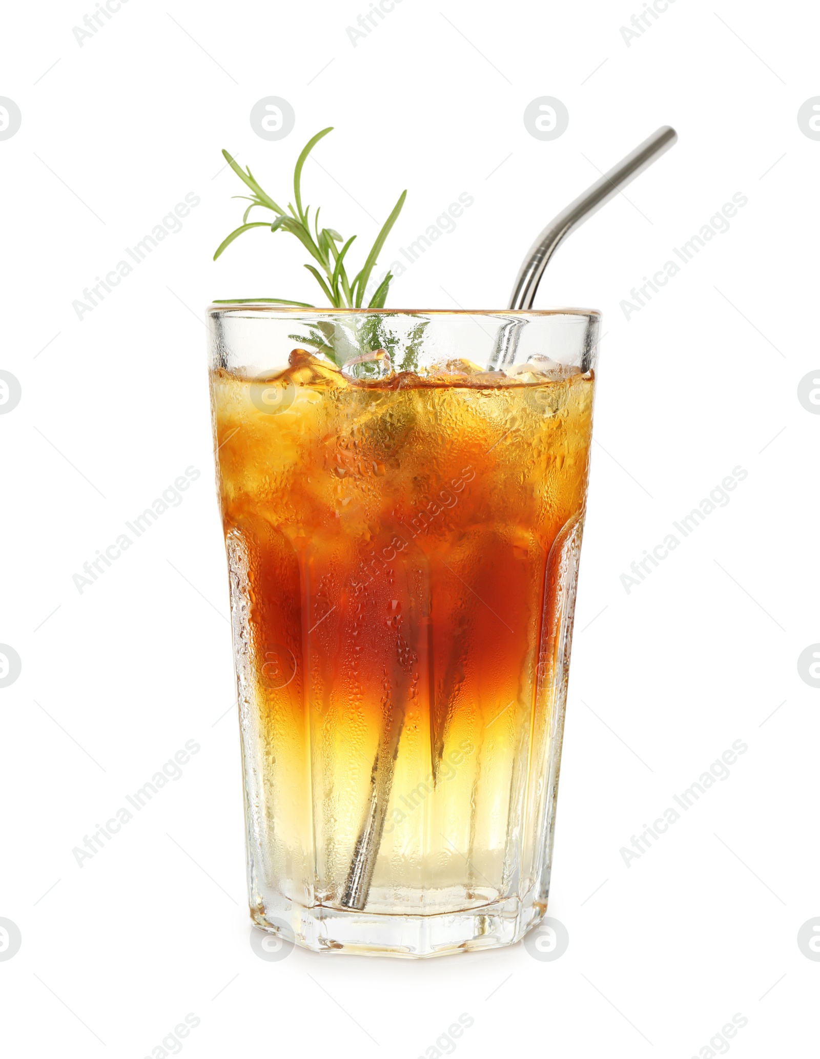 Photo of Refreshing espresso tonic drink with rosemary isolated on white