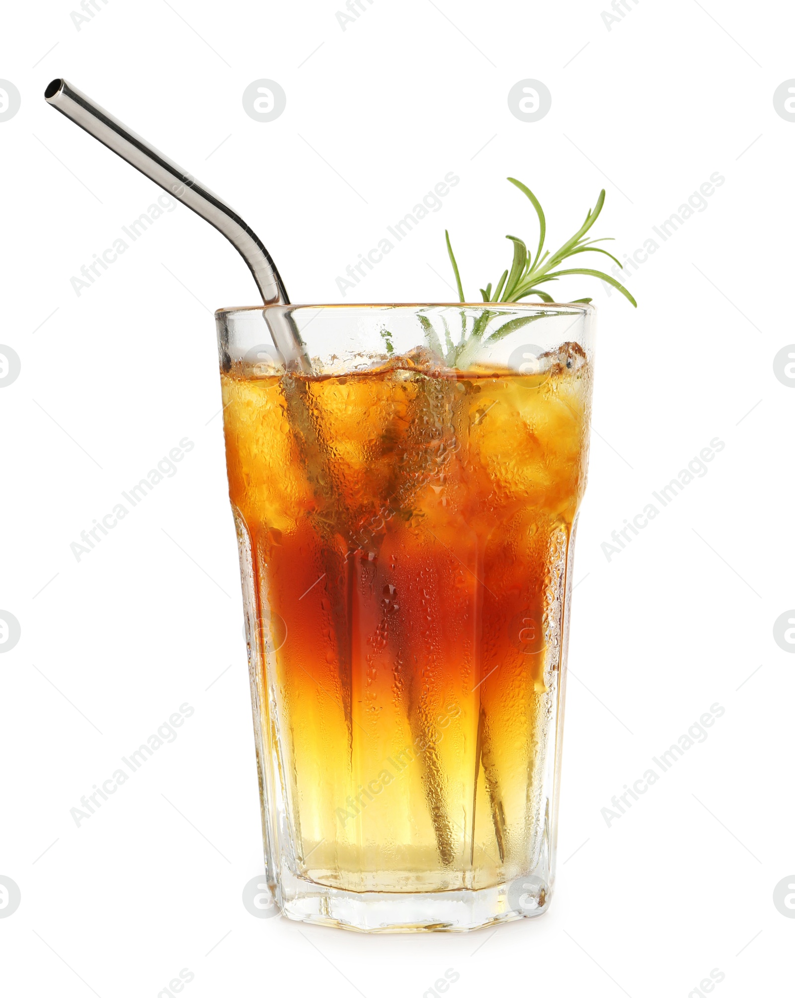 Photo of Refreshing espresso tonic drink with rosemary isolated on white