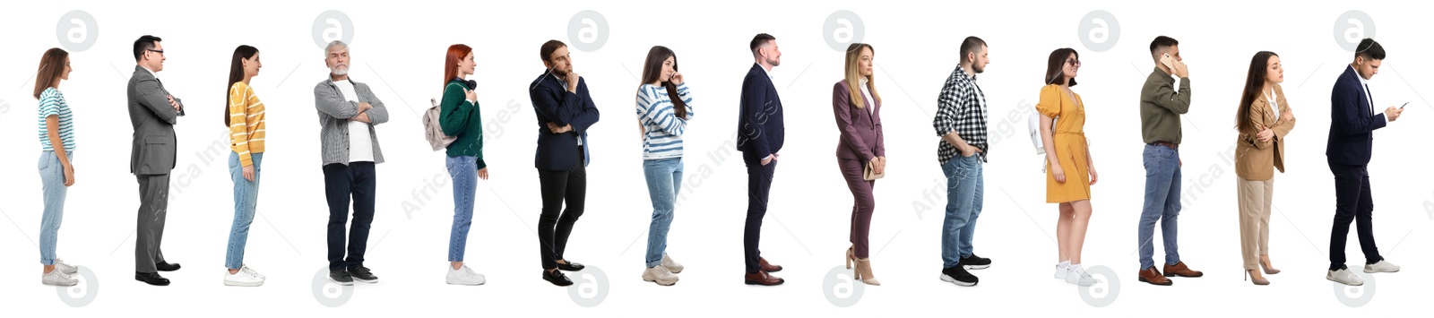 Image of Queue of many people on white background