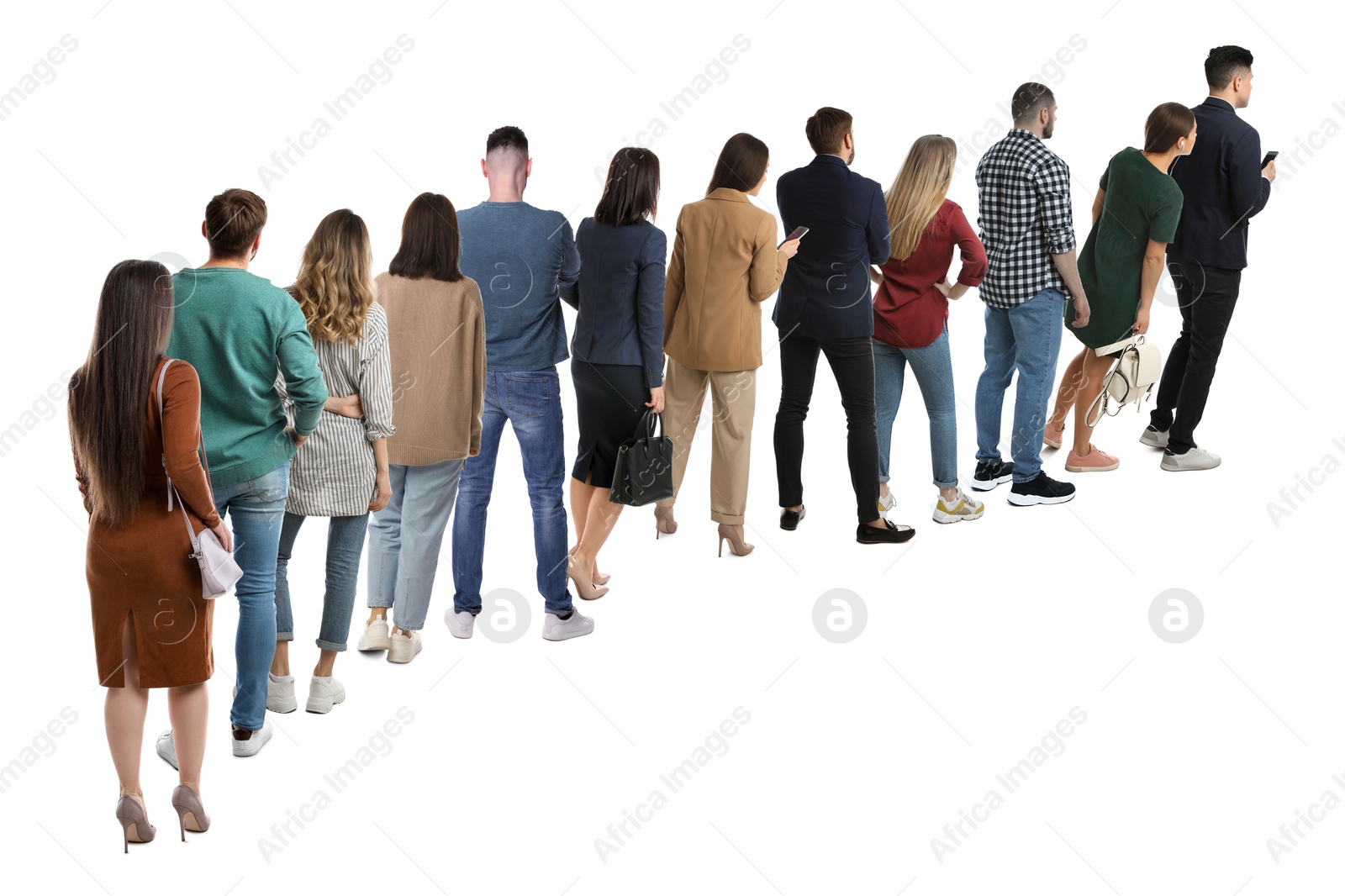 Image of Queue of many people on white background