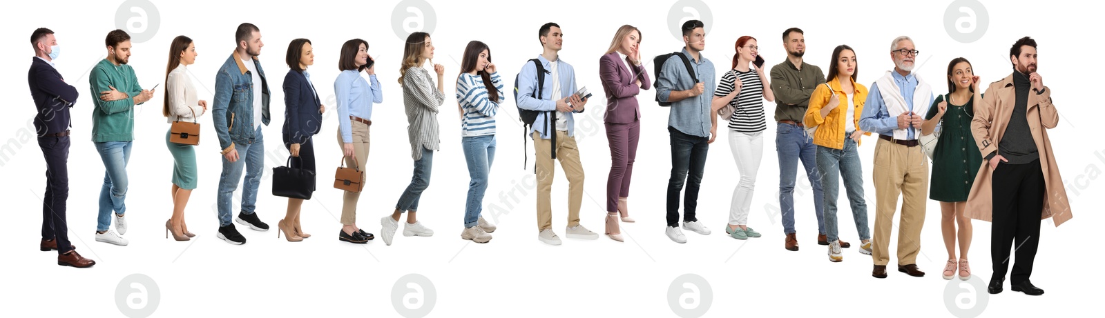 Image of Queue of many people on white background