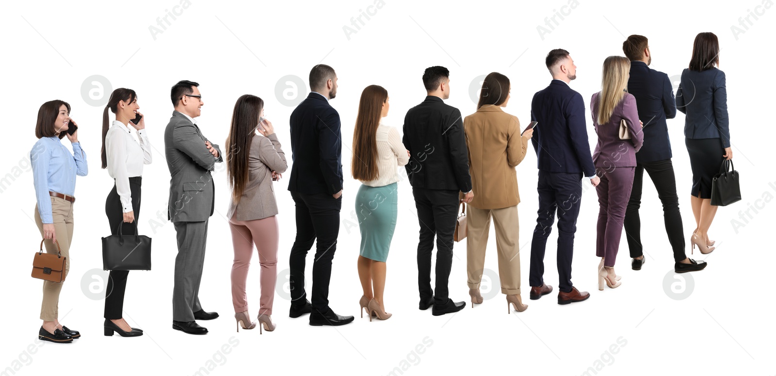 Image of Queue of many people on white background