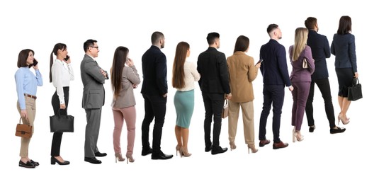 Queue of many people on white background