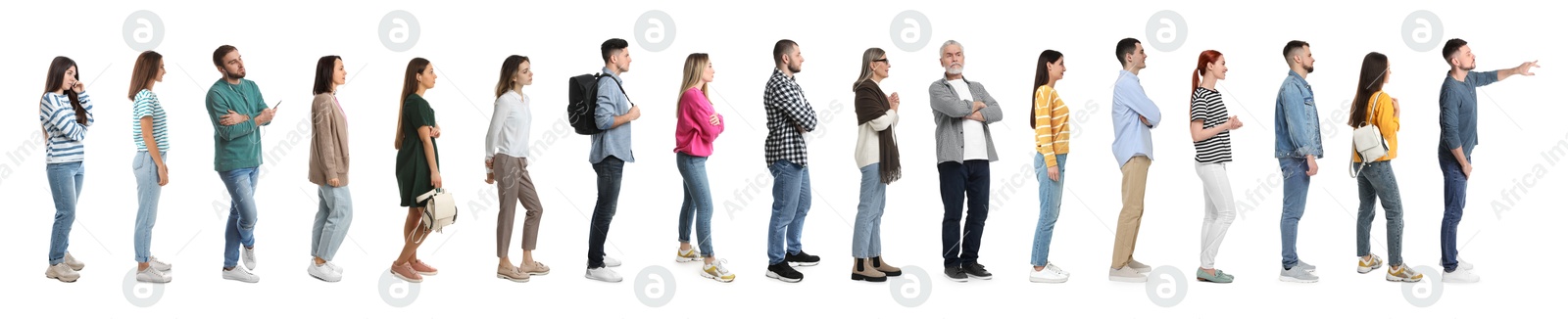 Image of Queue of many people on white background