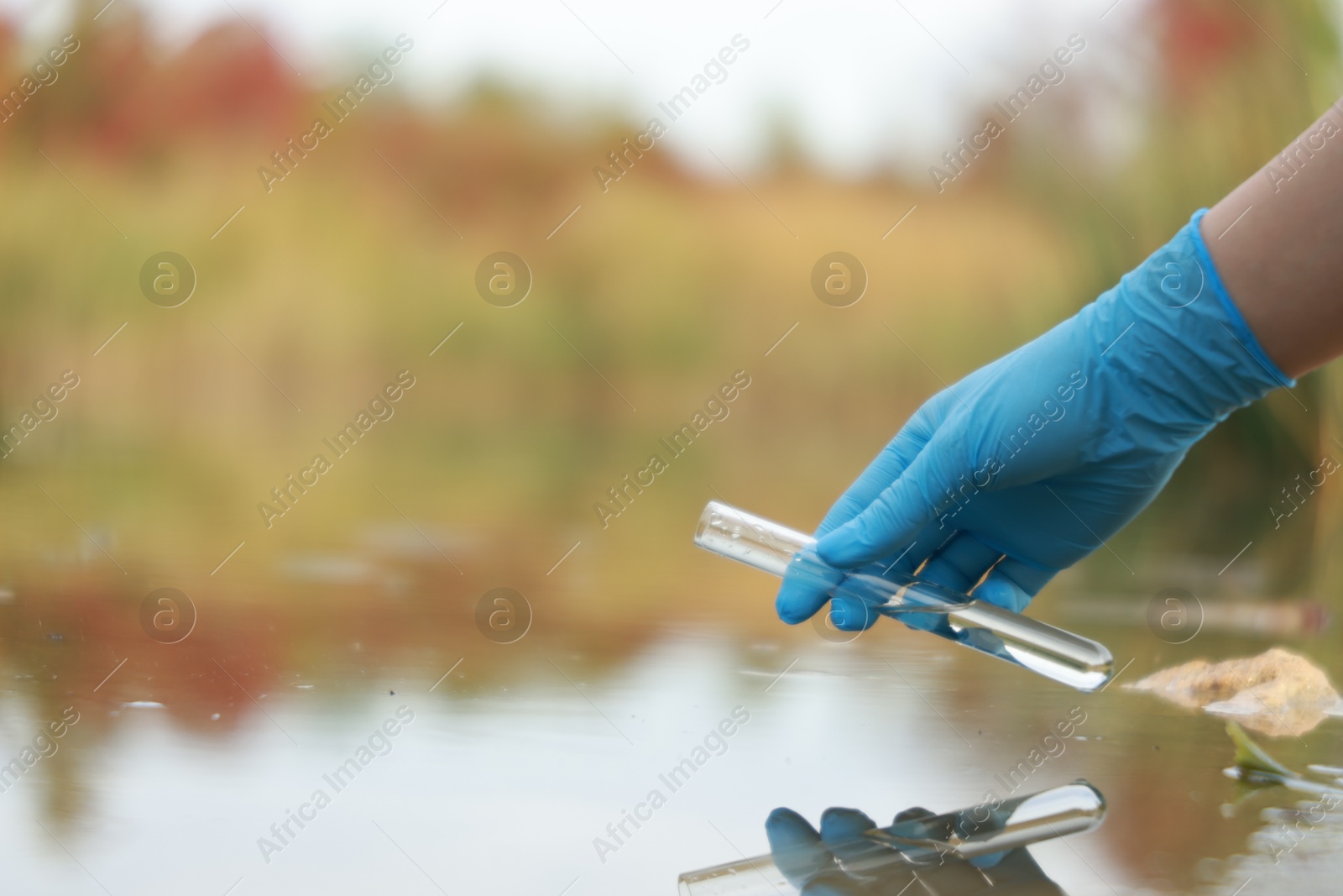 Photo of Examination of water quality. Researcher taking water sample from lake outdoors, closeup. Space for text