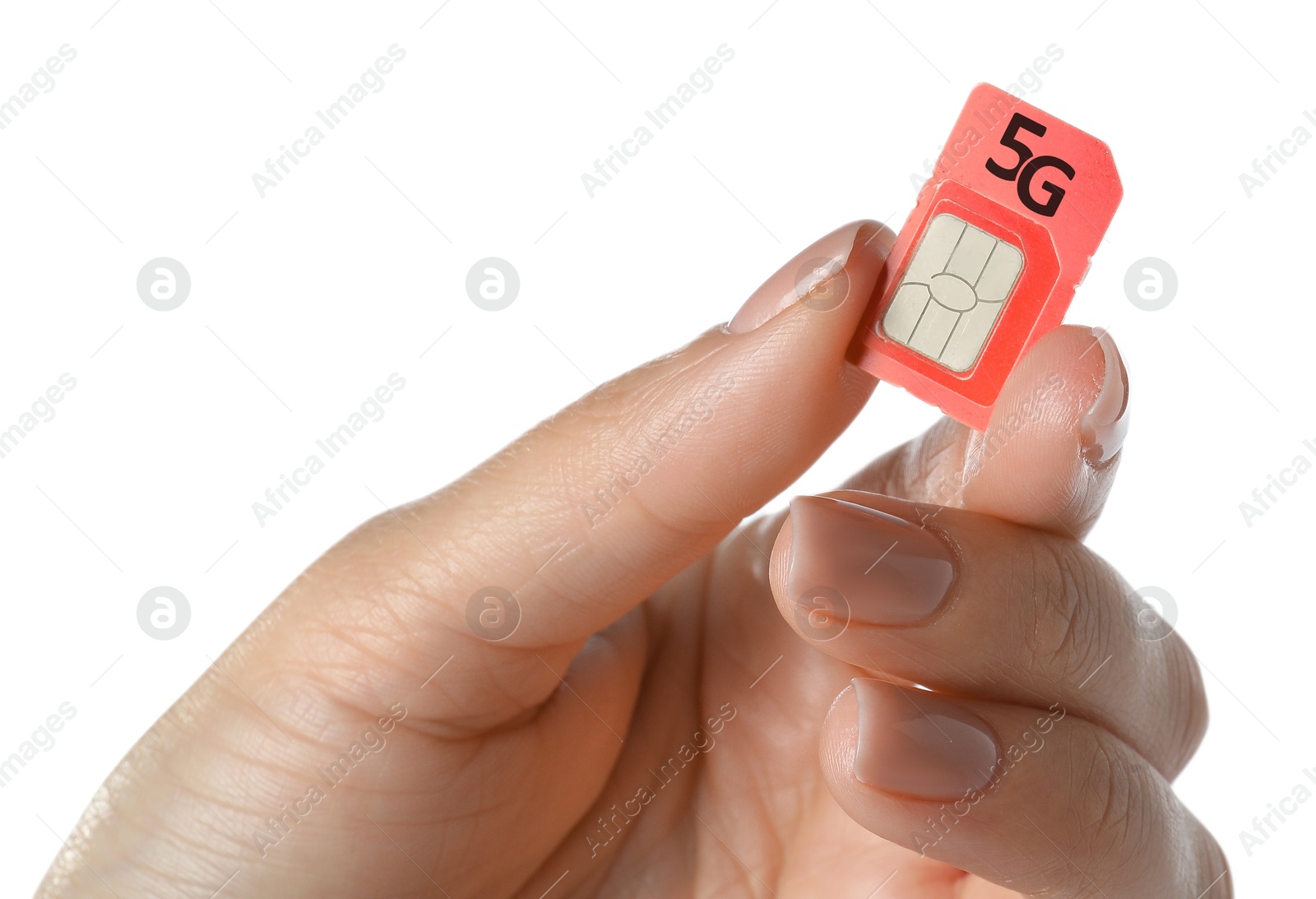 Image of Woman with 5G SIM card on white background, closeup