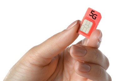 Woman with 5G SIM card on white background, closeup