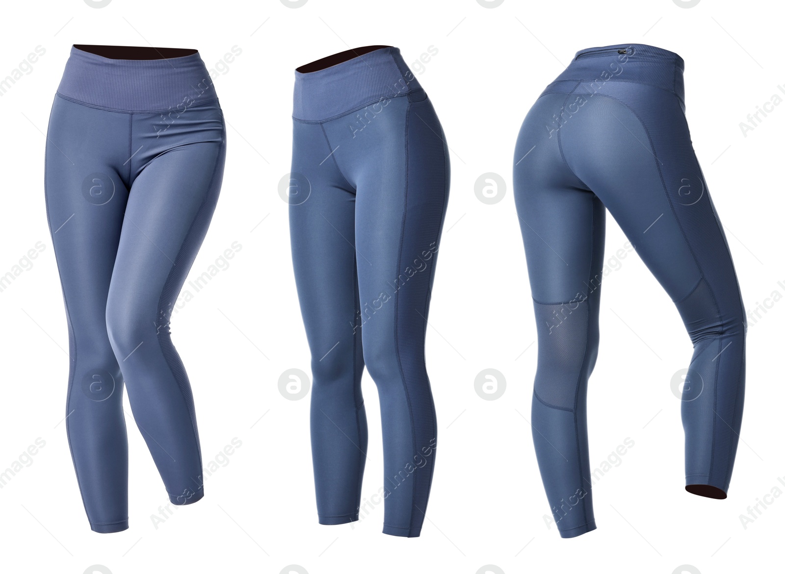 Image of Yoga leggings on white background, collage. Different sides