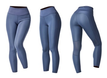 Image of Yoga leggings on white background, collage. Different sides