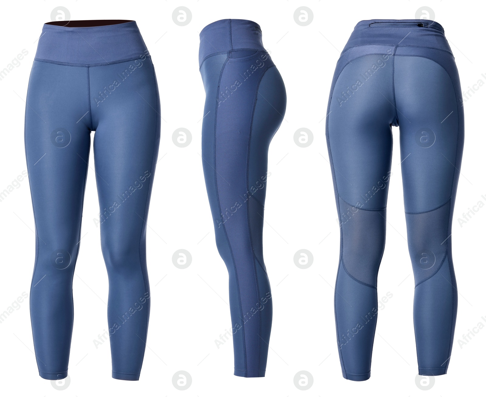 Image of Blue yoga leggings on white background, collage. Front, side and back views