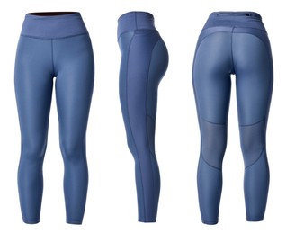 Image of Blue yoga leggings on white background, collage. Front, side and back views