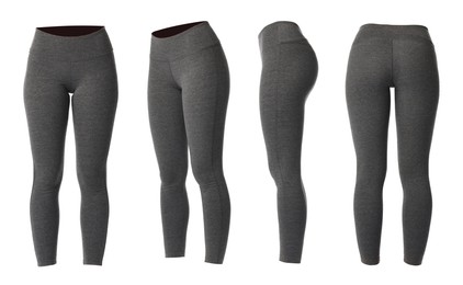 Image of Grey yoga leggings on white background, collage. Front, side and back views