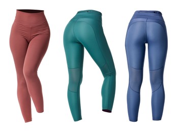 Image of Various yoga leggings on white background, collage. Different sides