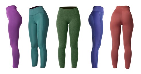 Image of Various yoga leggings on white background, collage. Different sides