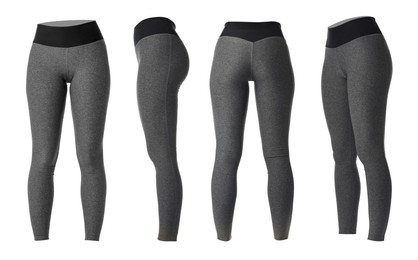 Image of Grey yoga leggings on white background, collage. Front, side and back views