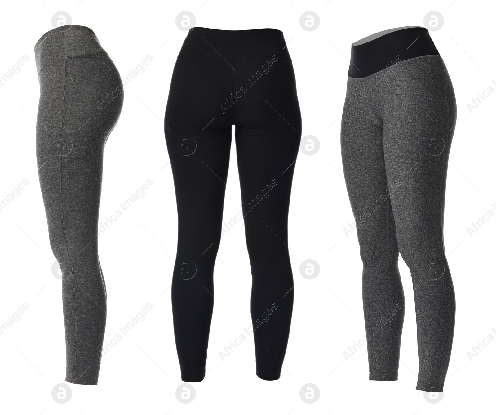 Image of Various yoga leggings on white background, collage. Different sides