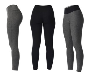 Various yoga leggings on white background, collage. Different sides