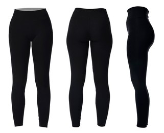 Image of Black yoga leggings on white background, collage. Front, side and back views