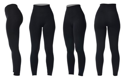 Image of Black yoga leggings on white background, collage. Front, side and back views