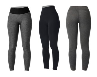 Image of Various yoga leggings on white background, collage. Different sides