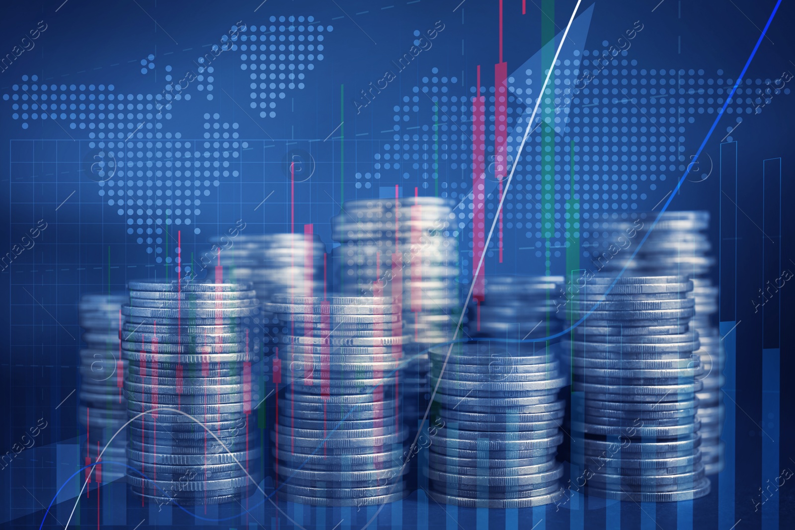 Image of Currency trading. Stacked coins, graphs and world map, toned in blue