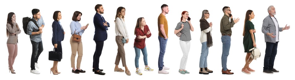 Image of Queue of many people on white background