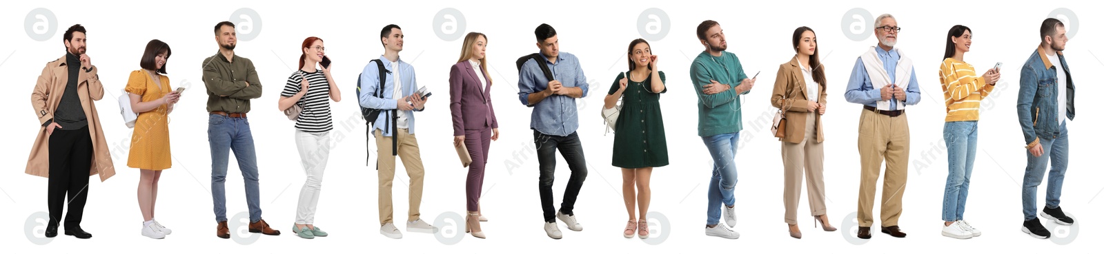 Image of Queue of many people on white background