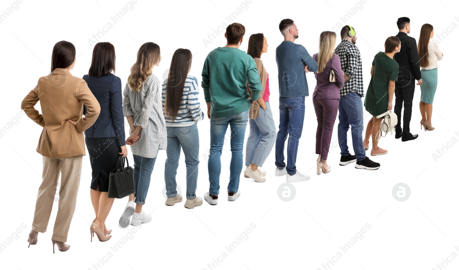 Image of Queue of many people on white background