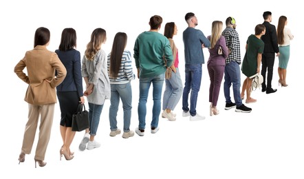 Queue of many people on white background