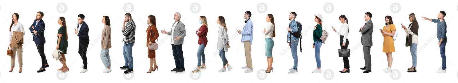 Image of Queue of many people on white background