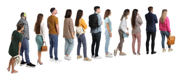 Image of Queue of many people on white background