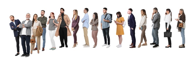 Image of Queue of many people on white background