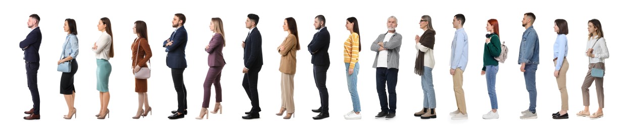 Image of Queue of many people on white background